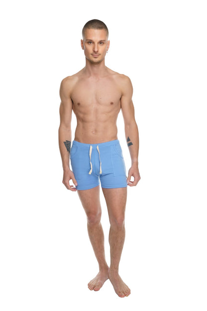 Transition yoga short ice blue featuring light blue athletic fabric with white drawstrings for comfortable activewear