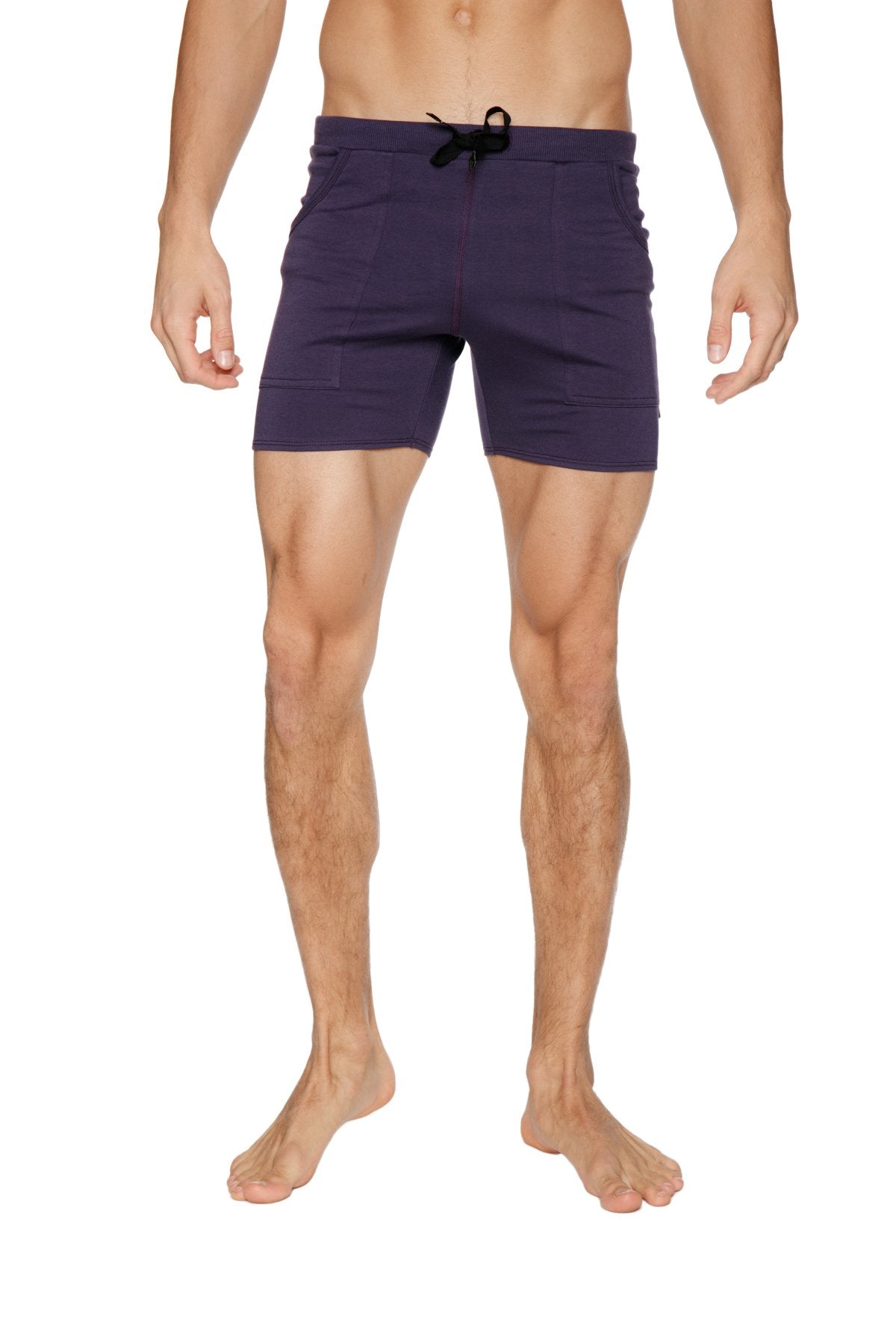 Transition yoga shorts in eggplant with black drawstring waistband and two side pockets designed for comfort and mobility