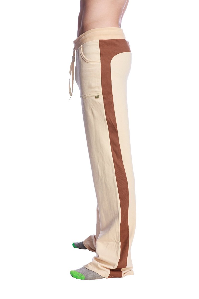 Beige and brown side-striped tri-color stretch eco-track and yoga sweat pants with drawstring waistband in sand, chocolate, and black