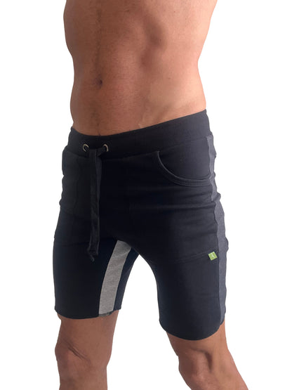 Black tri-color ultra-flex yoga track shorts with gray and charcoal side panels and drawstring waistband