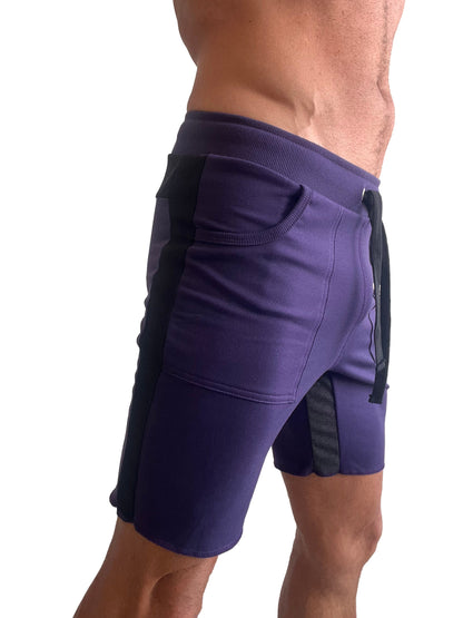 Purple tri-color ultra-flex yoga track shorts with black side panels and matching drawstring for athletic use