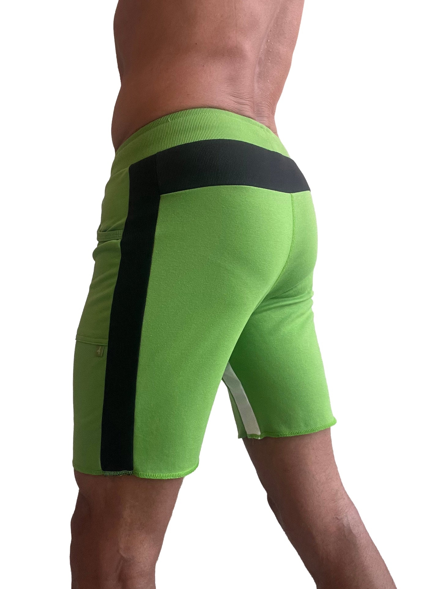 Bright green tri-color ultra-flex yoga track shorts with black ribbed waistband and side stripe for athletic use