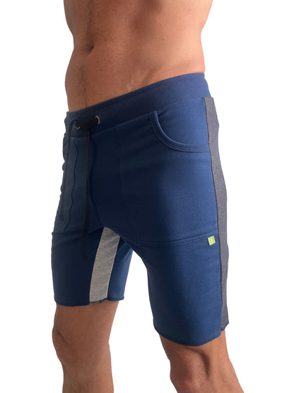 Navy blue tri-color ultra-flex yoga track shorts with gray side panels and green logo on the thigh