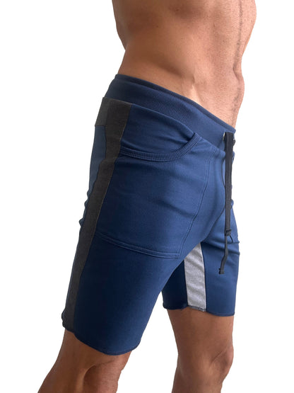 Navy blue tri-color ultra-flex yoga track shorts with black silver accents elastic waistband and side drawstring