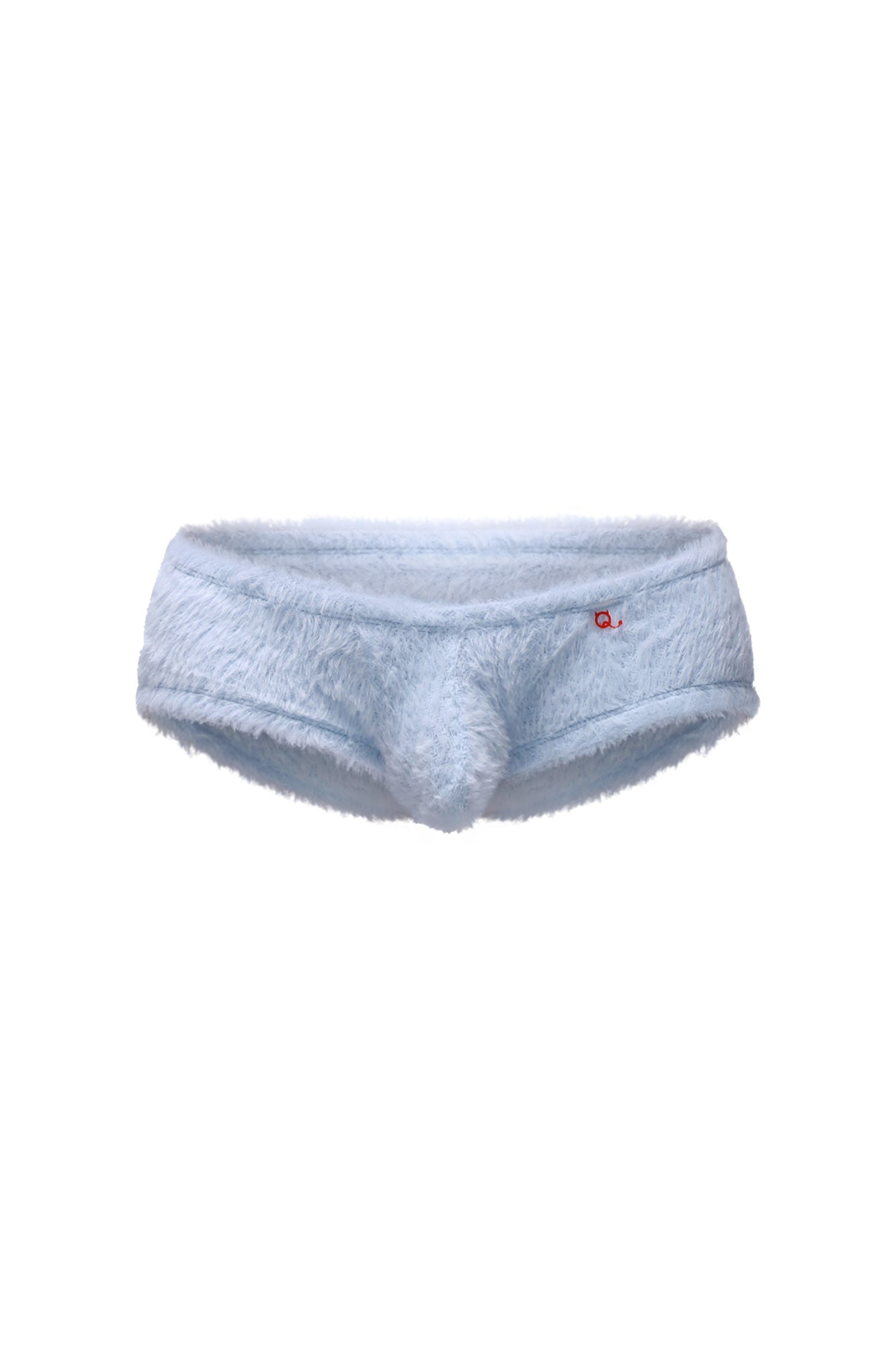 Light blue fuzzy men’s trunk underwear with a soft plush texture and a small red logo on the waistband