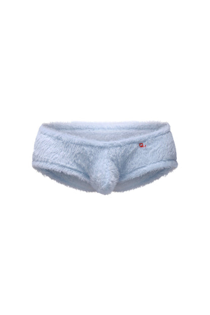 Light blue fuzzy men’s trunk underwear with a soft plush texture and a small red logo on the waistband