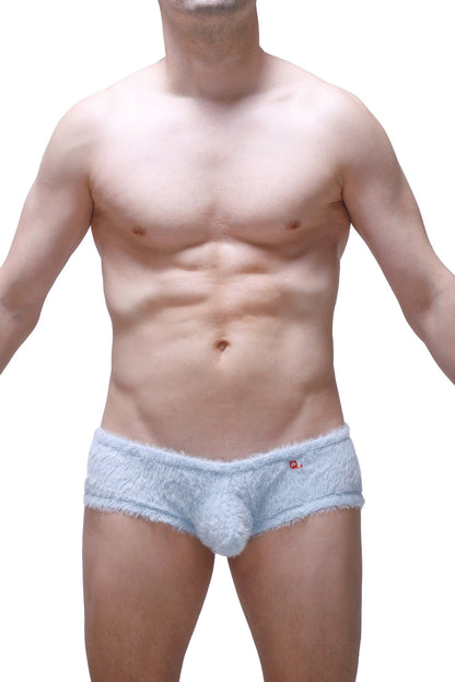 Light blue fuzzy men’s trunk underwear with plush textured material and small red logo on waistband titled trunk yeti blue