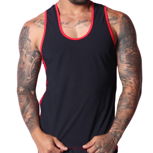 Front view of Gigo Typer black tank top with red trim, soft fabric, worn by a tattooed man against a black background.