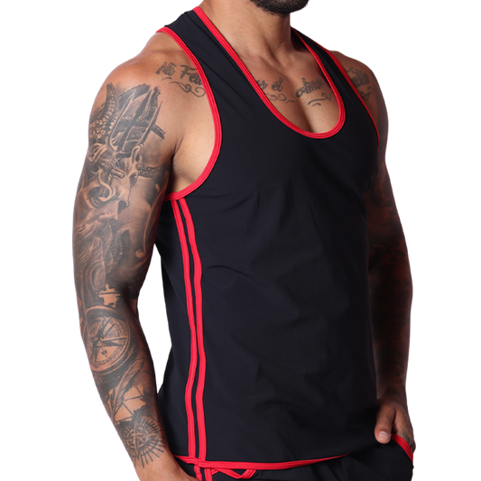 Side view of Gigo Typer black tank top with red trim and athletic fabric on a tattooed model.
