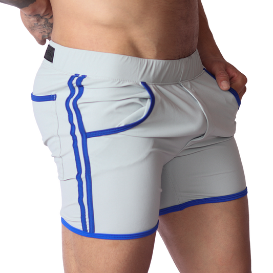 Side view of Gigo Typer gray stretch fabric short with blue trim accents and side stripe detailing.