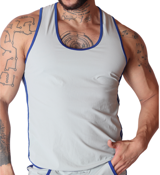 Front view of Gigo Typer gray tank top in soft fabric with contrasting blue trim detailing on a muscular model.