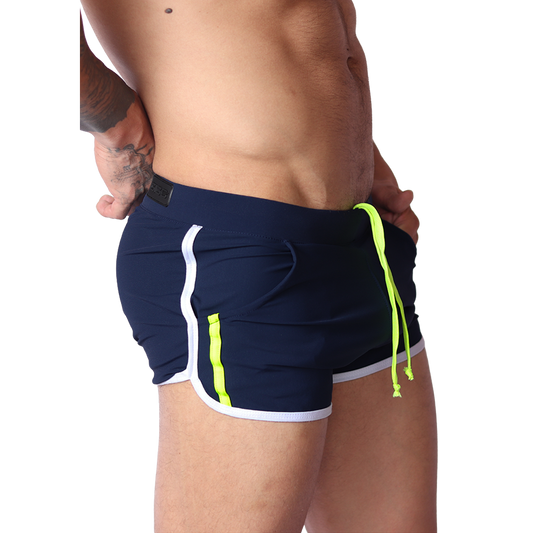 Gigo Typerhot blue short in side view with white trim, neon yellow accents, and drawstring on soft athletic fabric.