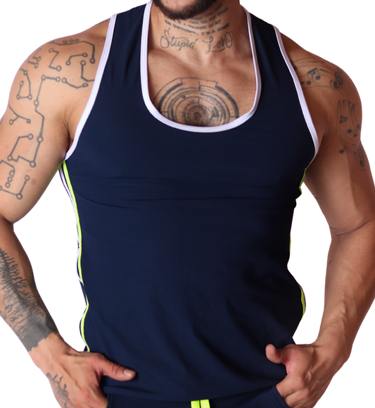 Front view: Gigo Typerhot navy blue tank top with white trim and neon yellow side stripes in soft athletic fabric.