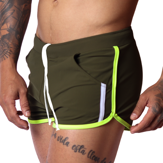 Gigo Typerhot green nylon shorts, side view. Features white drawstring, neon yellow trim, and sporty athletic fit.