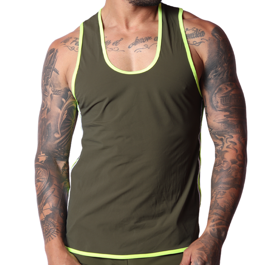 Gigo Typerhot Green tank top front view, smooth fabric with bright neon yellow trim accents.