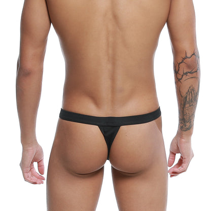 Black thong made of smooth stretchy fabric with narrow waistband shown from the back u-station bow thong black u0004-001