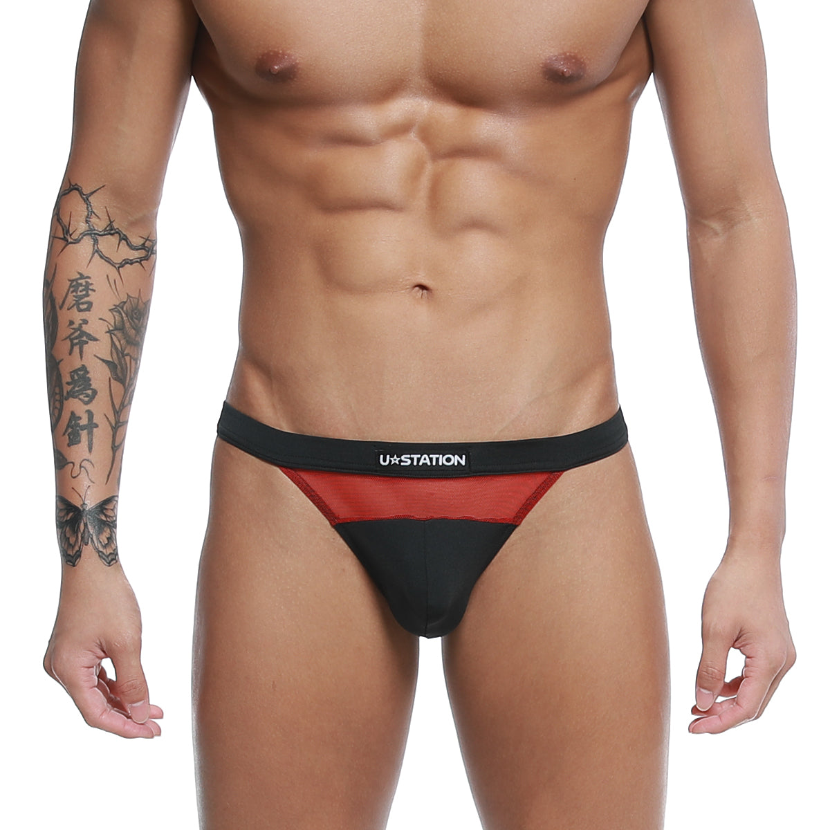 Black and red u-station bow bikini athletic briefs with bold sporty design for active wear