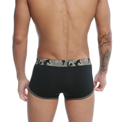 Black u-station brazilian trunk briefs with khaki camouflage waistband featuring running figure silhouettes
