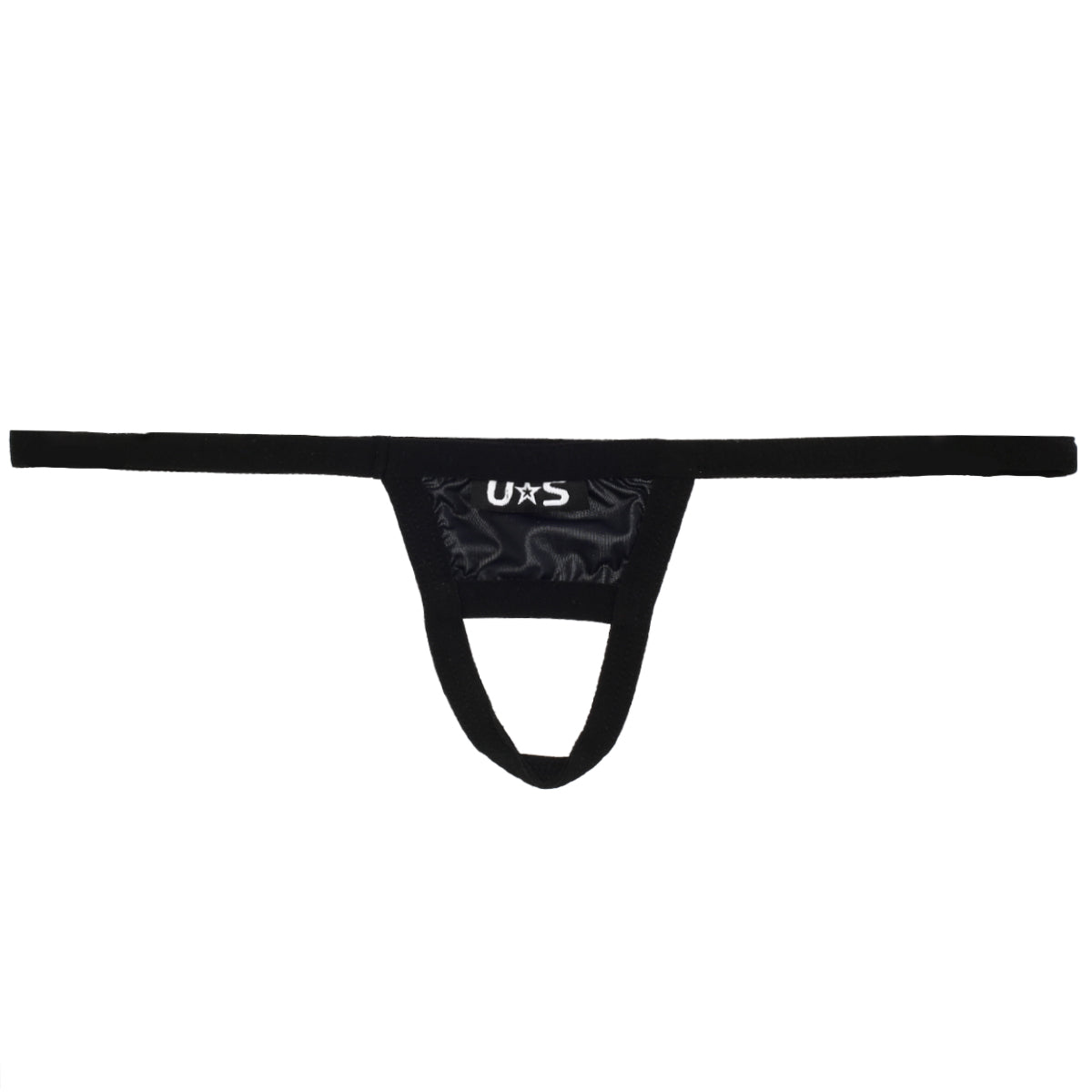 Black u station ball holder u0011-001 glossy stretchy fabric thong with central pouch design
