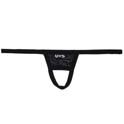 Black u station ball holder u0011-001 glossy stretchy fabric thong with central pouch design