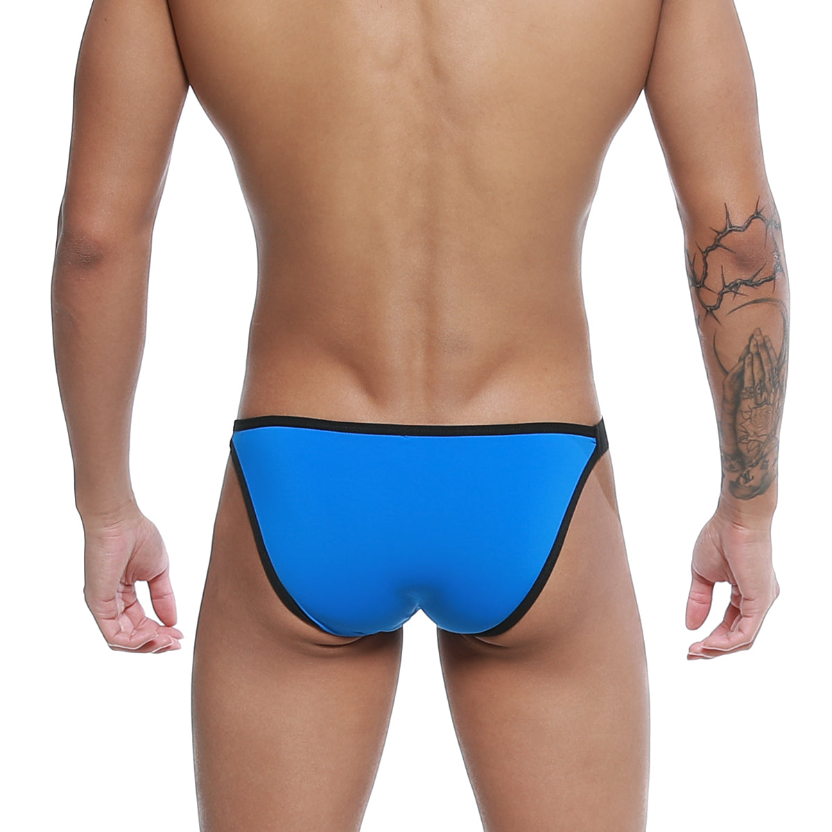 Bright blue u-station calypso bikini royal swim trunks with black trim designed for beach and pool use