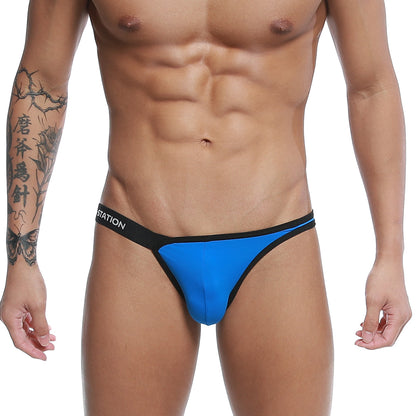 Bright blue calypso bikini thong with black trim and station logo on waistband by u-station royal u0012-432