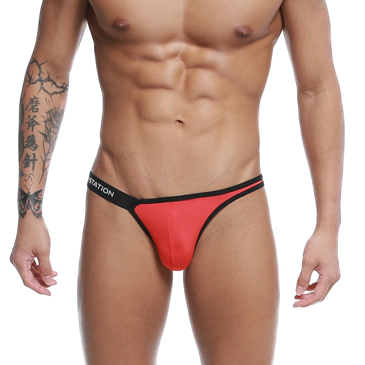 Red and black thong with a sleek form-fitting design from U-Station Calypso Bikini red U0012-600