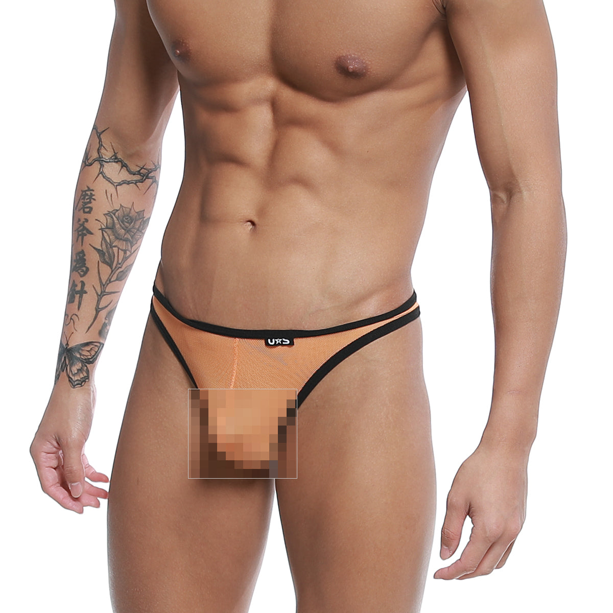 Orange mesh thong with black trim and urs logo on waistband u station bar thong neon orange u0014-800