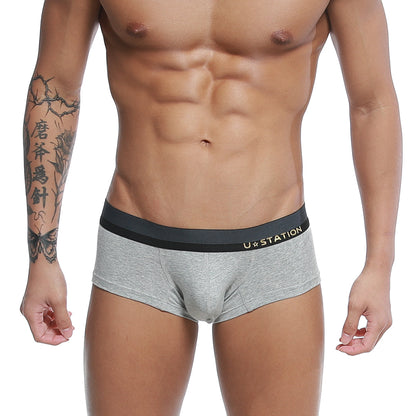 Gray heathered u-station nano boxer briefs with black elastic waistband and gold logo for comfortable everyday wear