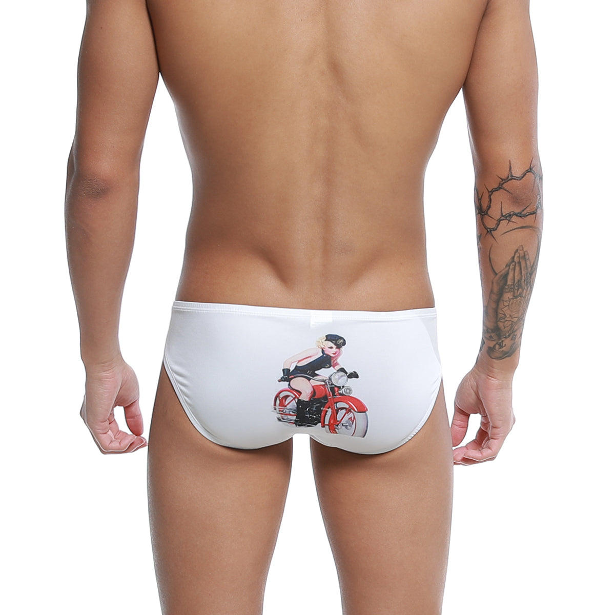 White swim trunks featuring a red motorcycle and pin-up girl graphic from the u-station rider bikini u0022-110 collection