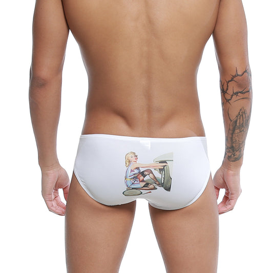 White swim trunks with vintage illustration of a blonde woman in retro racing outfit on classic car wheel, u-station repair bikini u0022-111