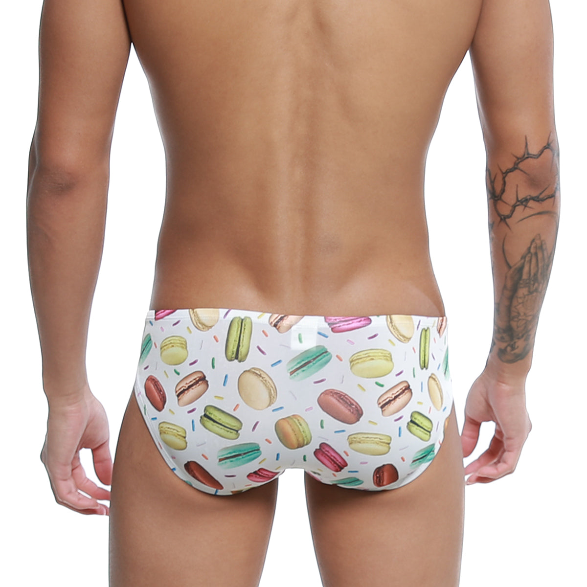 White swim trunks u-station macaron bikini featuring playful colorful macaron and sprinkle pattern