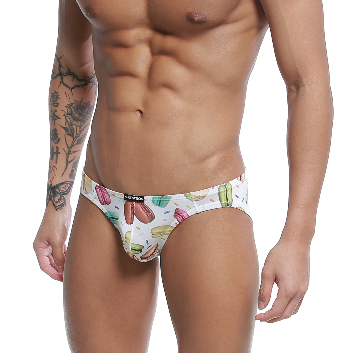 White briefs u station macaron bikini u0022-112 with colorful pink green and brown macaron pattern on soft fabric