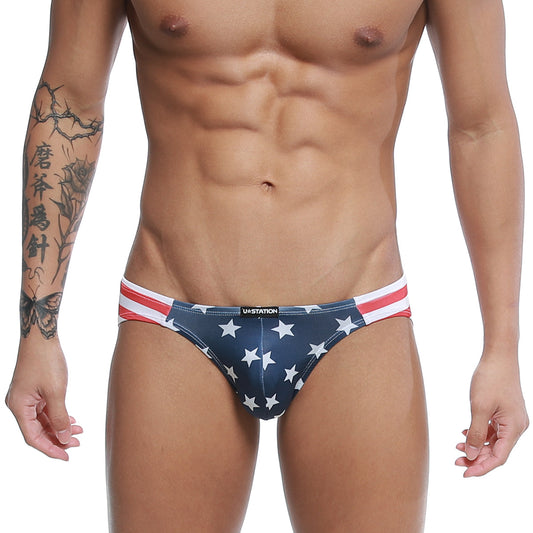 Blue american flag-themed bikini briefs with white stars red and white striped waistband by U-Station usa