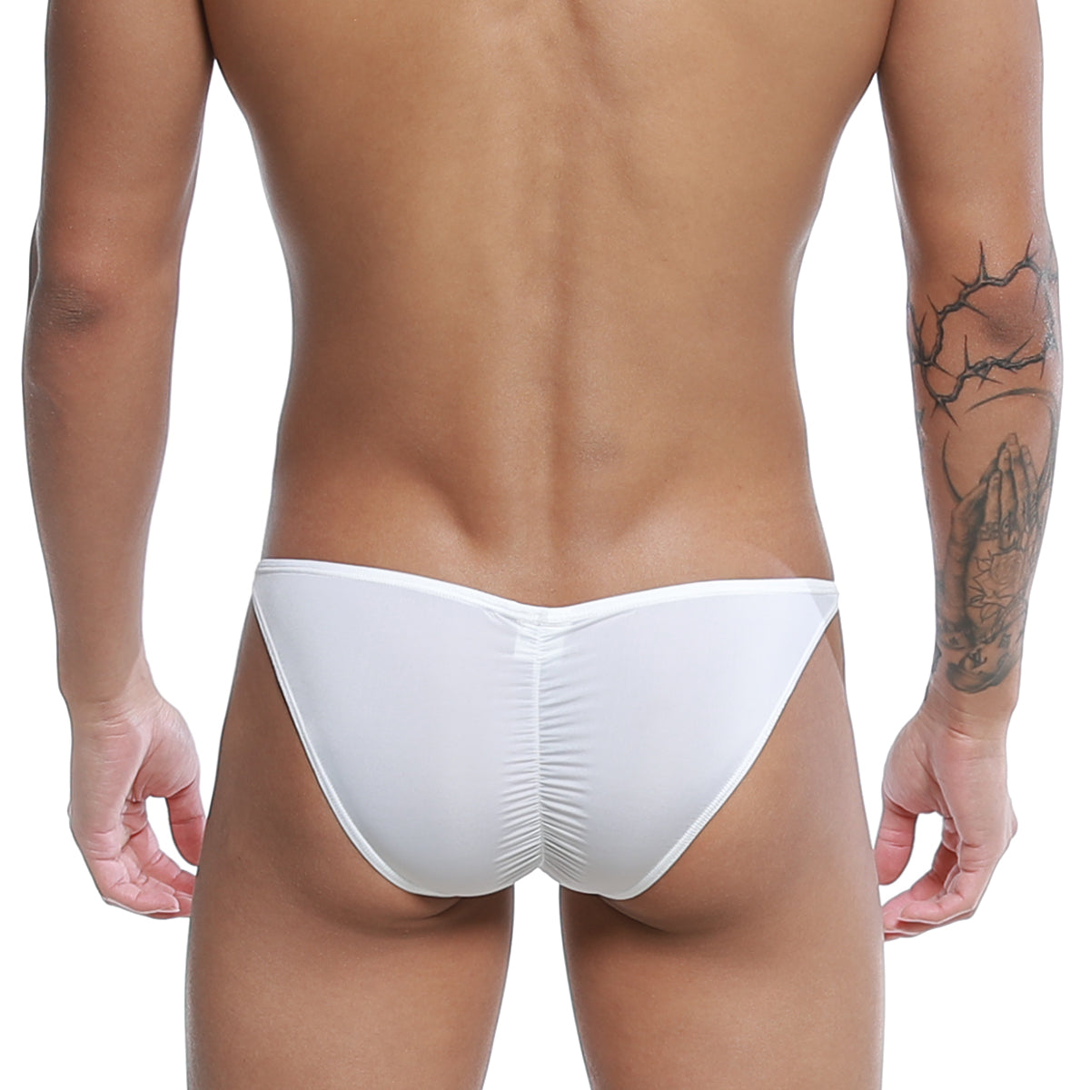 White form-fitting swim trunks with ruched back design from u-station me bikini u0032-100 collection