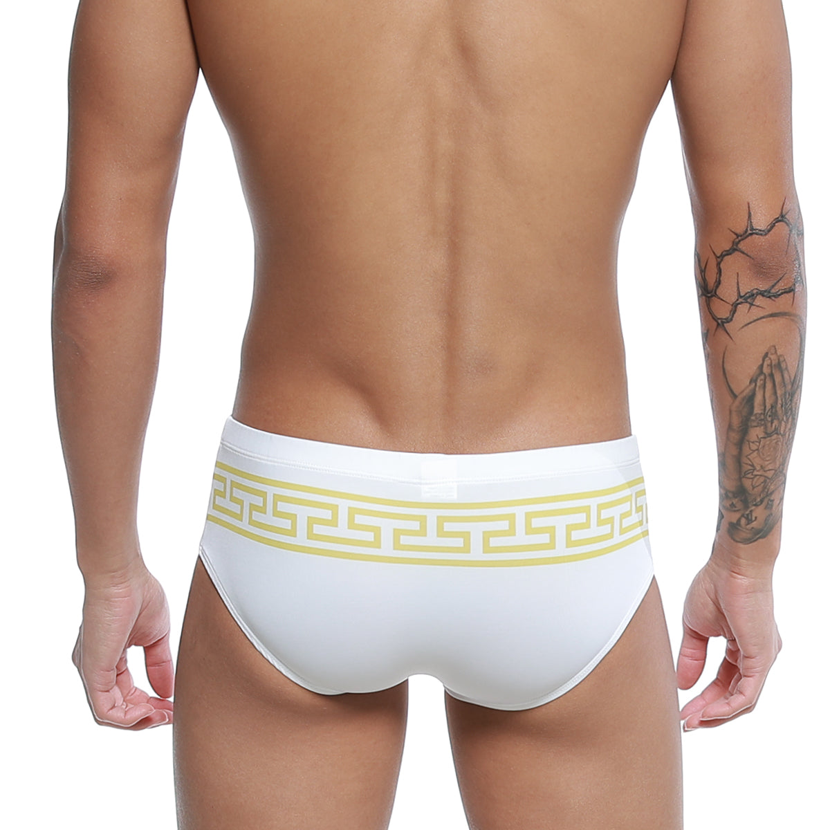 White swim trunks u-station greek bikini gold u0042-110 with bold yellow greek key pattern on waistband