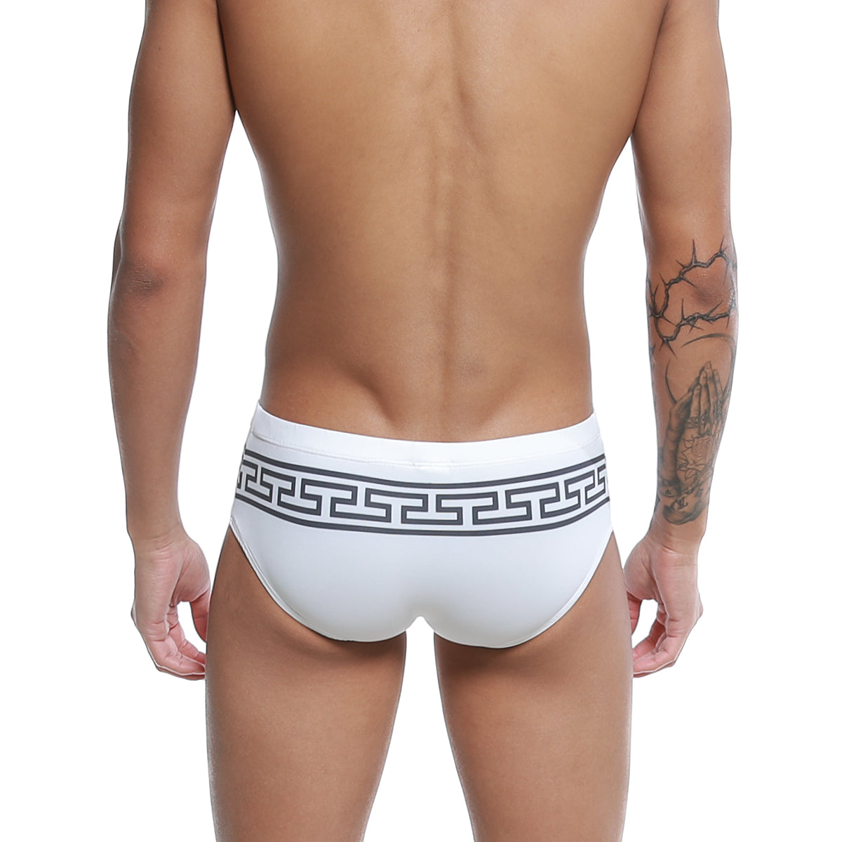 White men’s briefs u station greek bikini black u0042-111 featuring a bold black greek key pattern waistband