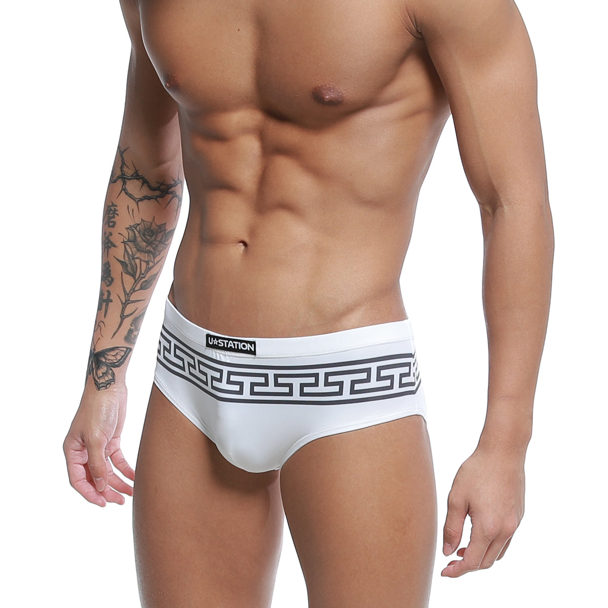 White men’s briefs with black greek key waistband and ua station branding in the u station greek bikini black u0042-111 collection