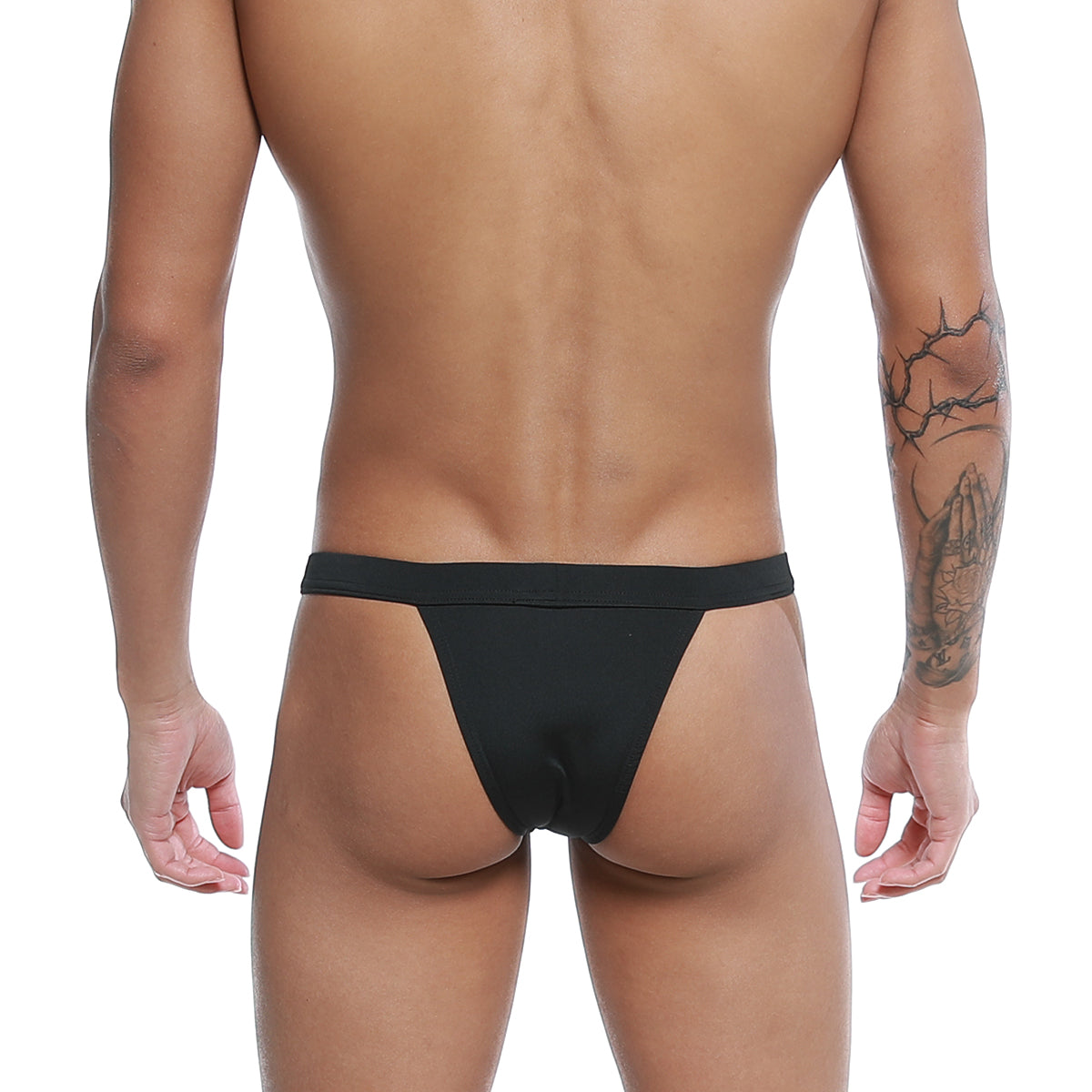 Black thong made of smooth stretchy fabric with narrow waistband u-station bow bikini black u0052-001 back side