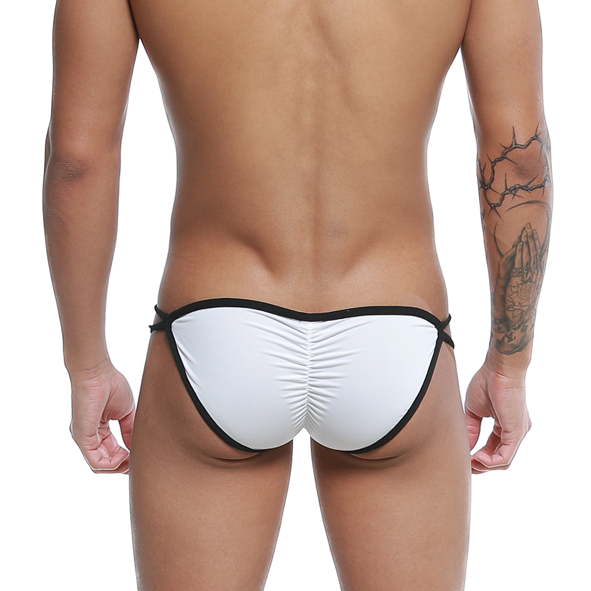 White swim trunks with black trim and ruched back design shown from the back in U Station Skeleton Bikini white U0062-100