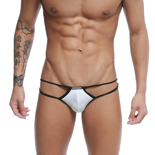 White and black ustation skeleton bikini with sleek minimalist thong design for swimwear use front view