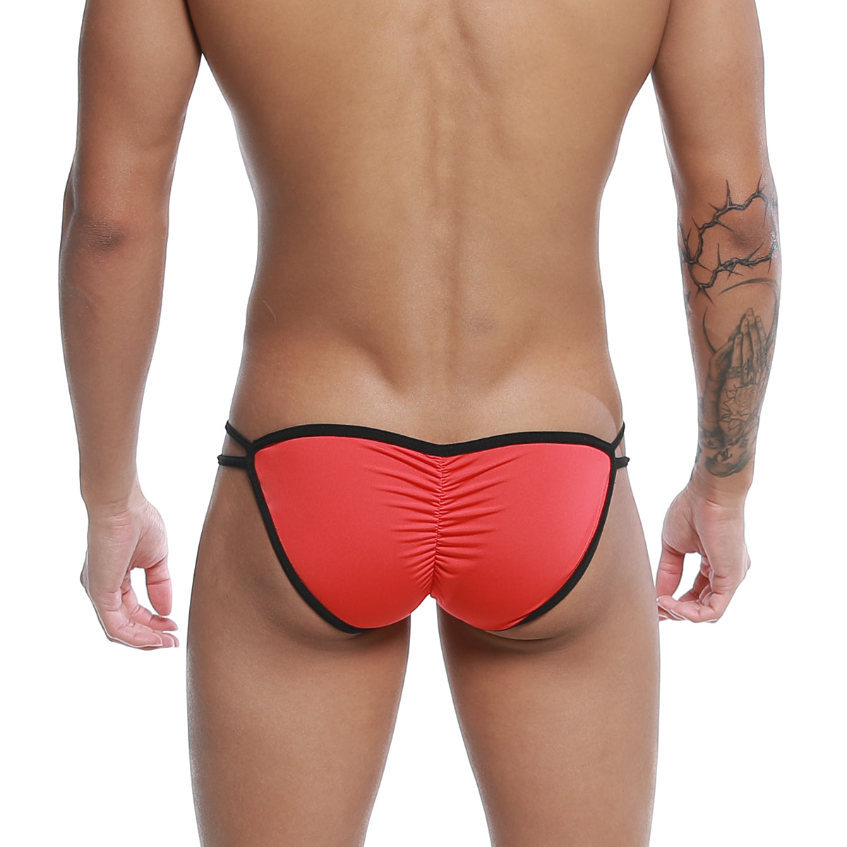 Back view of u-station skeleton bikini red u0062-600 thong with ruched back and elastic waistband in red and black