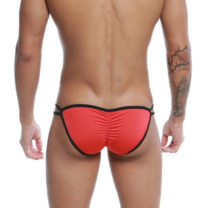 Back view of u-station skeleton bikini red u0062-600 thong with ruched back and elastic waistband in red and black