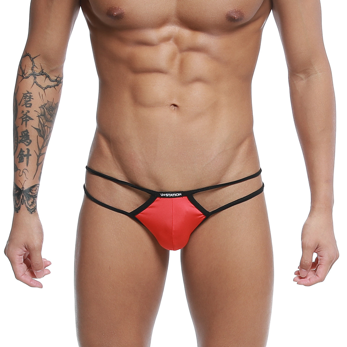 Red and black u-station thong with sleek minimalist design featured in u-station skeleton bikini red u0062-600