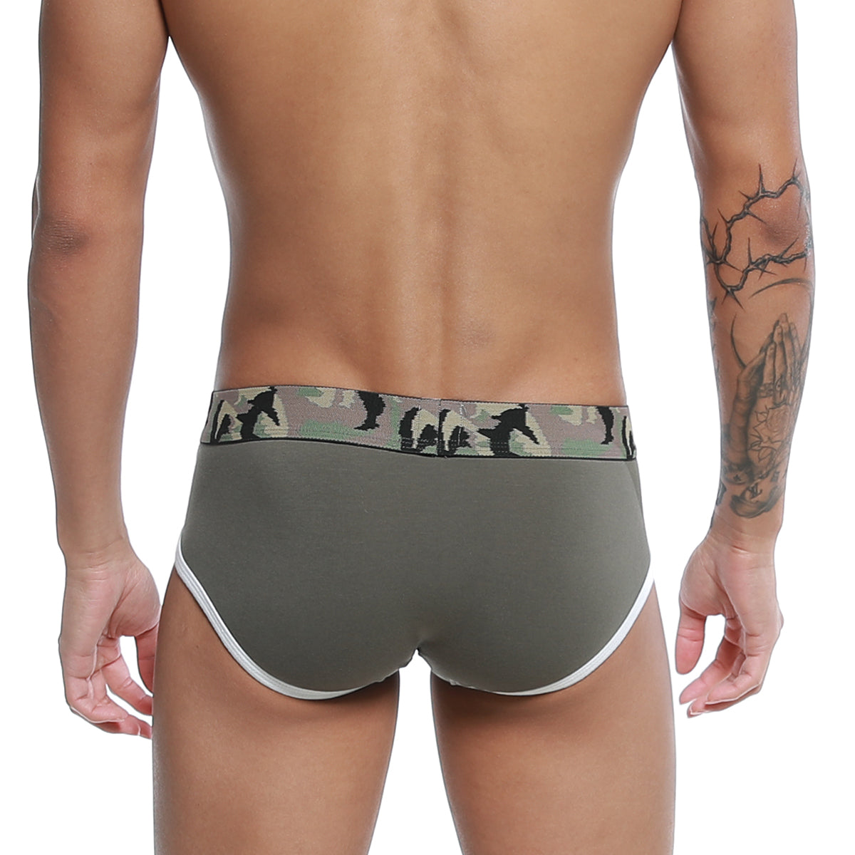 Olive green u-station wings brief with camouflage waistband black silhouettes and white trim on leg openings