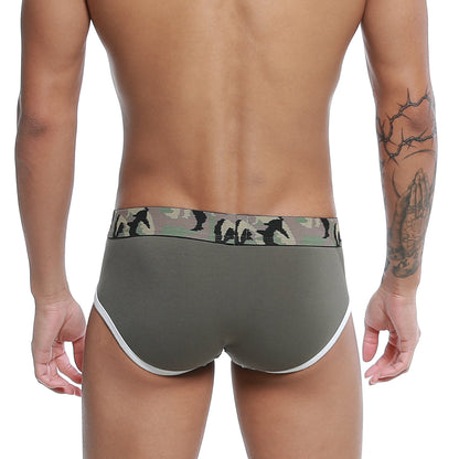 Olive green u-station wings brief with camouflage waistband black silhouettes and white trim on leg openings