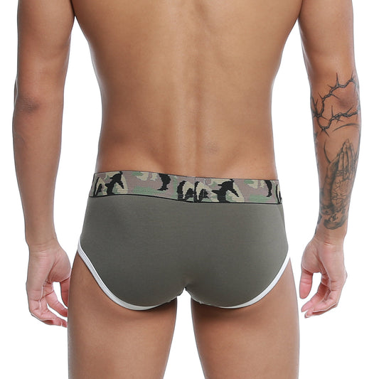 Olive green u-station wings brief with camouflage waistband black silhouettes and white trim on leg openings