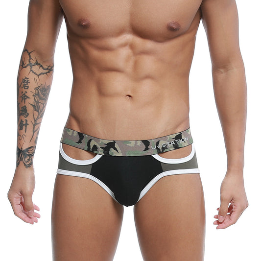 Black and gray camouflage u-station wings brief with white trim featuring bold u.s logo front design