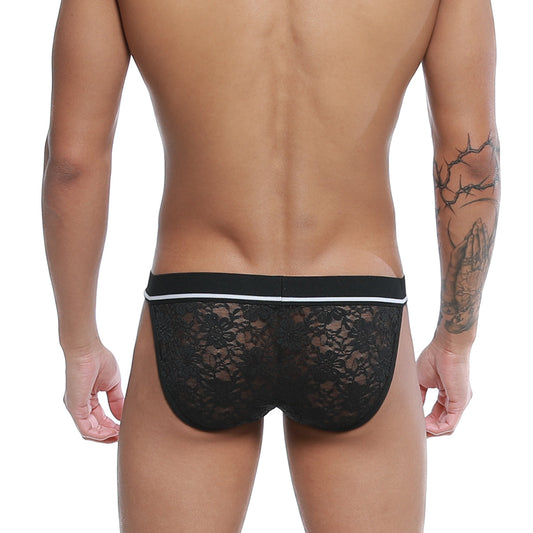 Black lace briefs u-station lace bikini black u0092-001 with white trim along the waistband