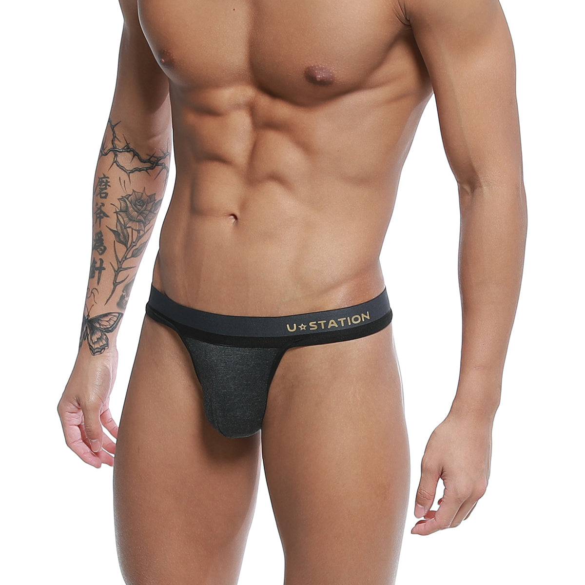 Black u station brand talent thong with subtle heathered texture and gold lettering on waistband gray u0104-013